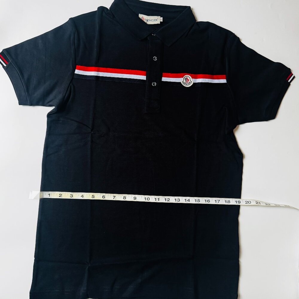 Moncler Men's Polo Shirt Black Red Stripe Logo Slim Fit Size L (19" Chest)